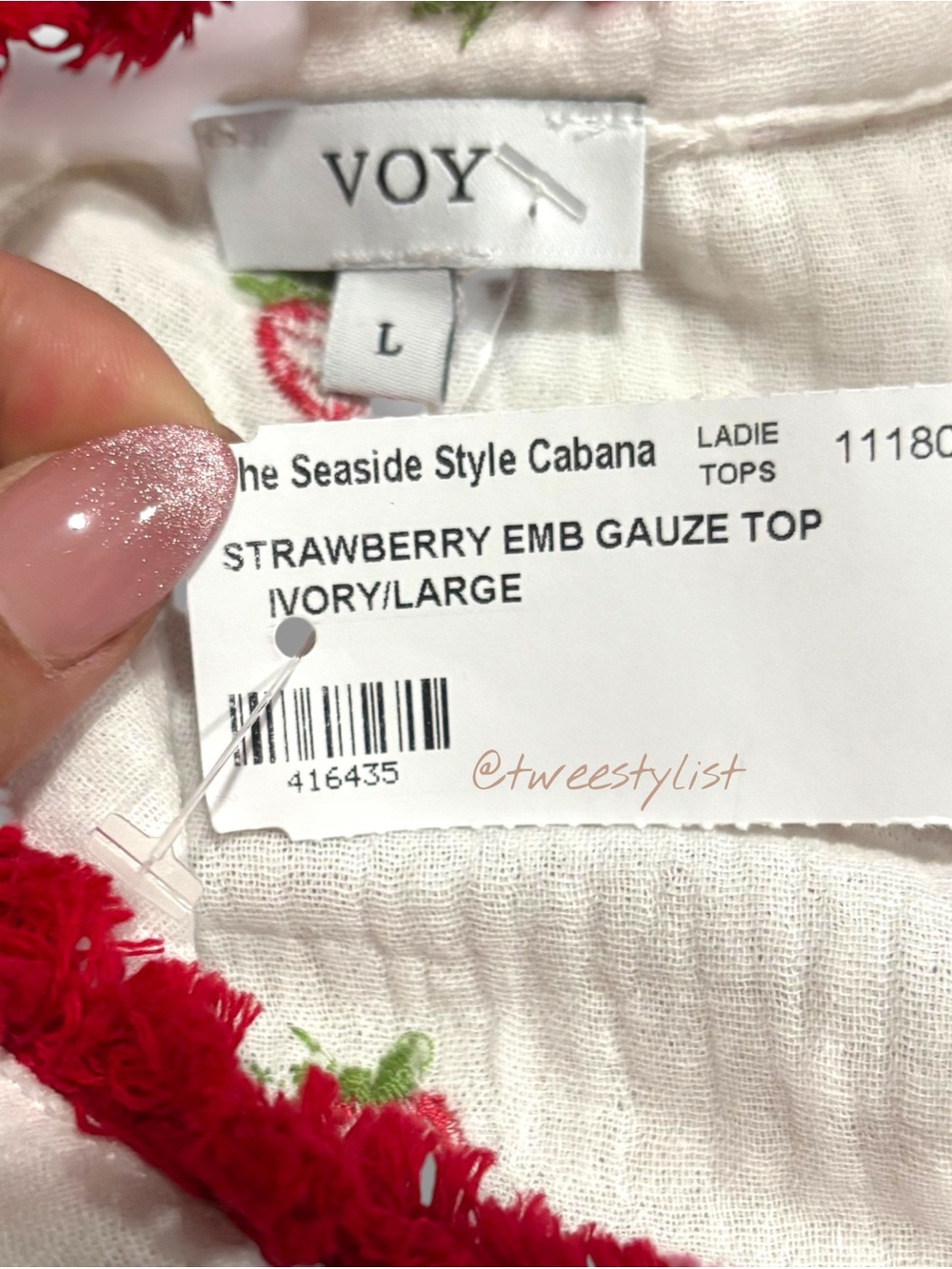 VOY Strawberry Embroidered Gauze Top Ivory Red Tassel Large - Picture 7 of 11